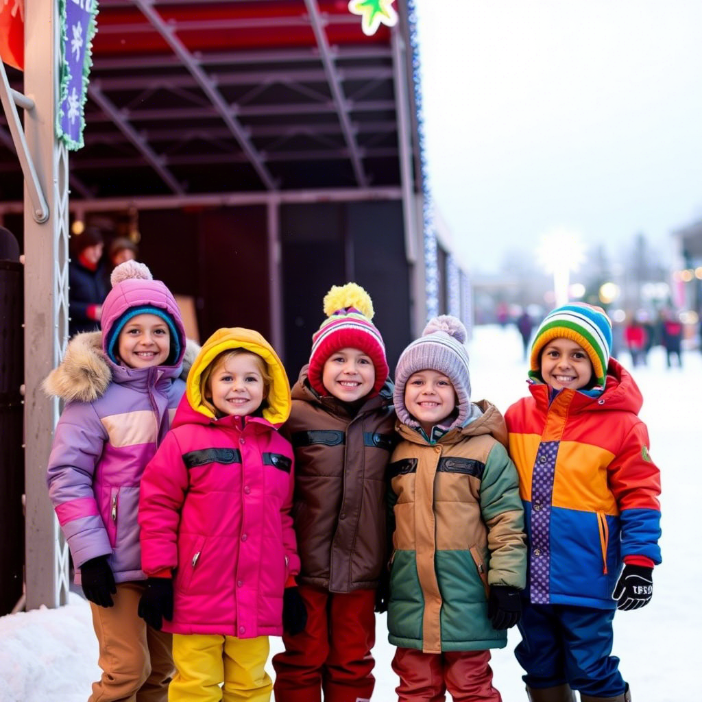 Kids in colorful jackets having fun at winter festival