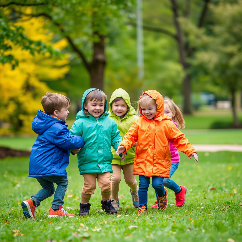 Kids in colorful jackets playing together in a park