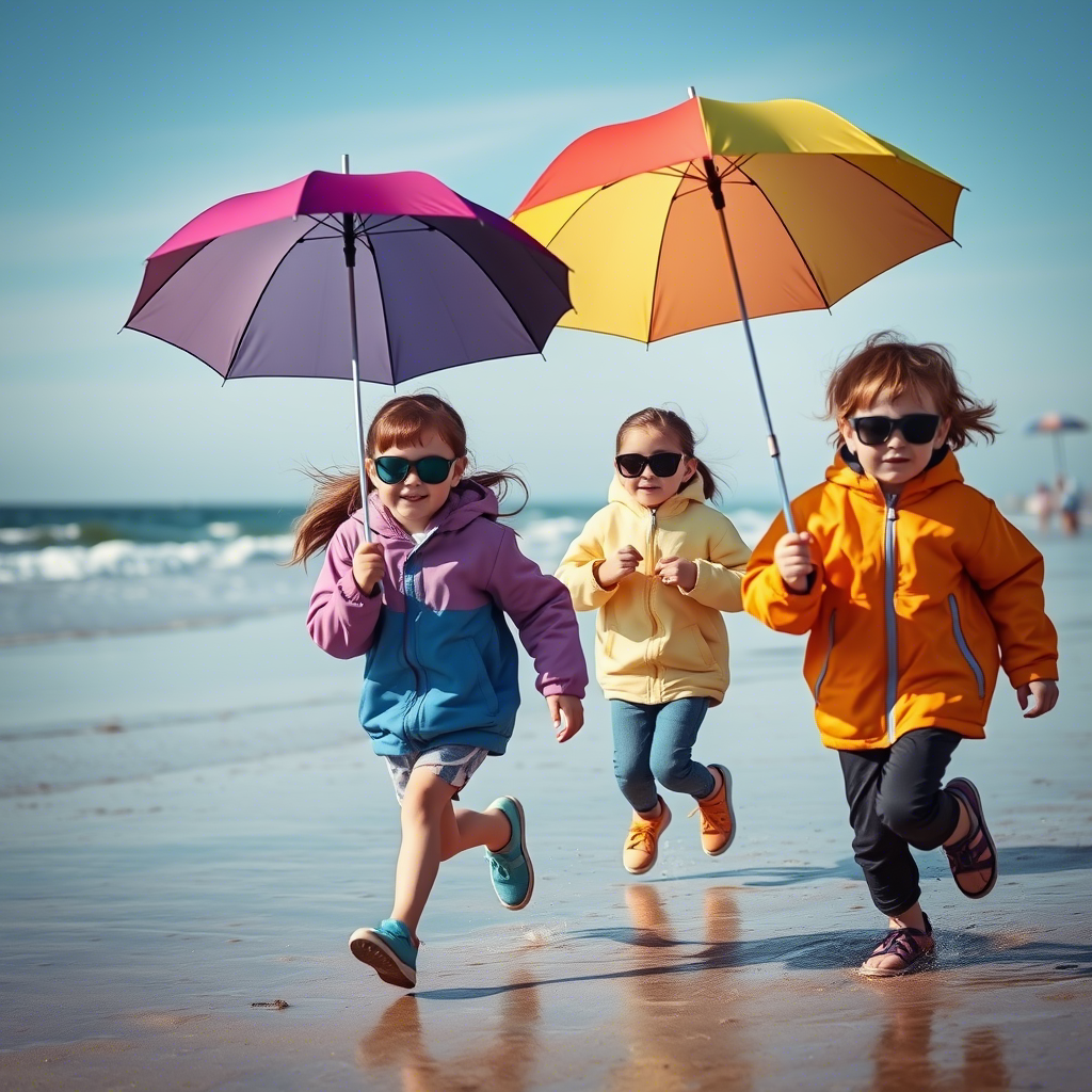 Kids in colorful jackets running on a beach with umbrellas and sunglasses