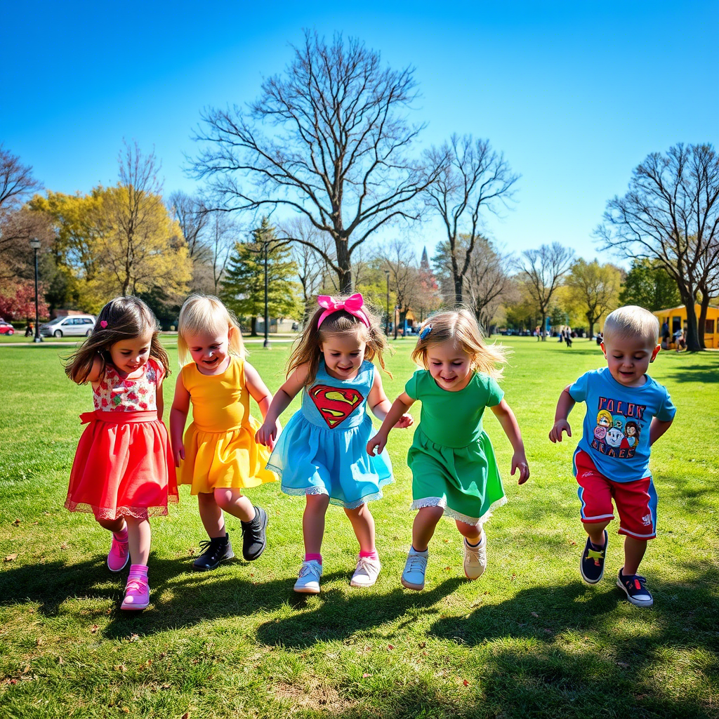 Kids in colorful outfits playing together in a sunny park.