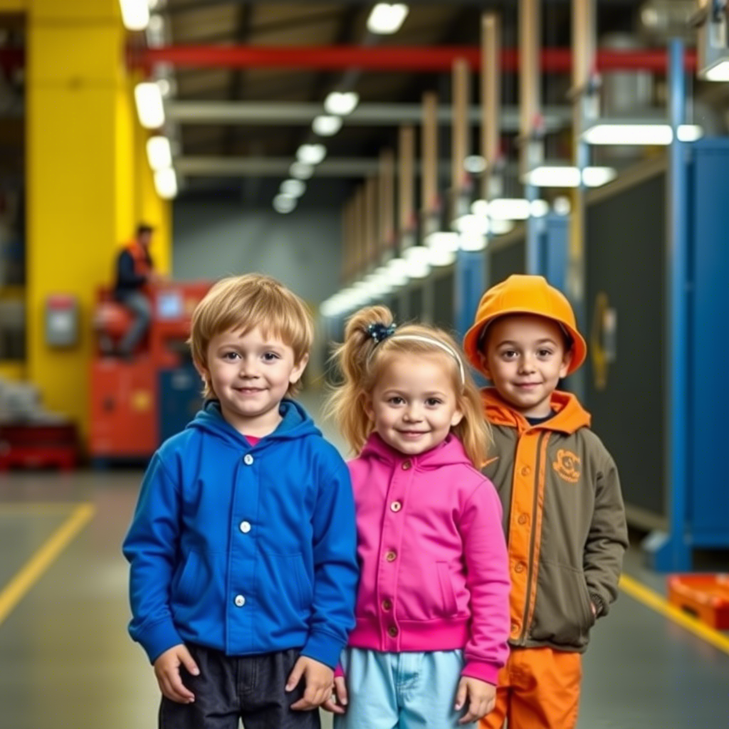 Kids in colorful outfits standing in front of a factory