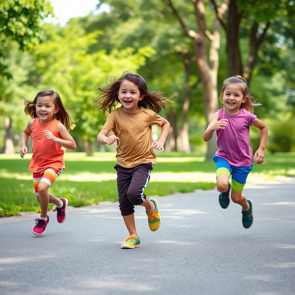 Kids in colorful pants and shorts running in a park
