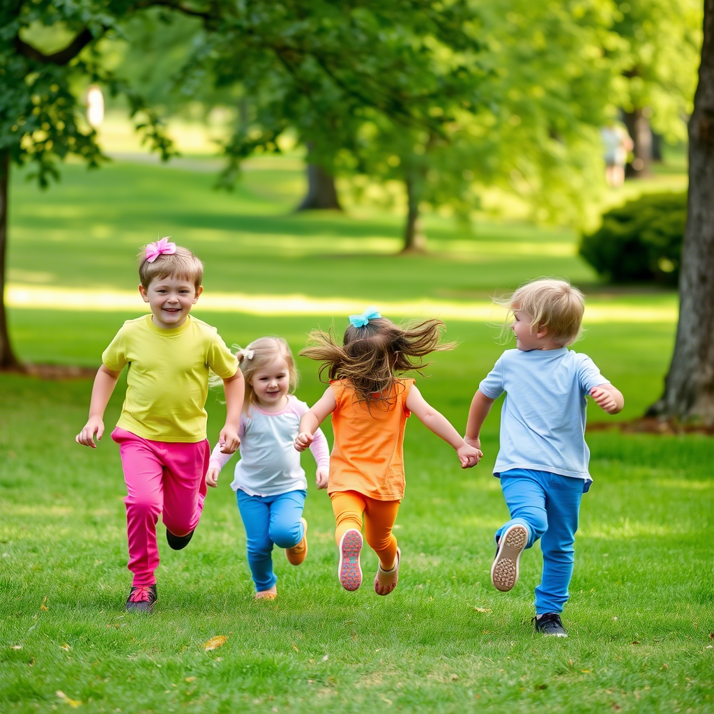 Kids in colorful pants running in a green park together