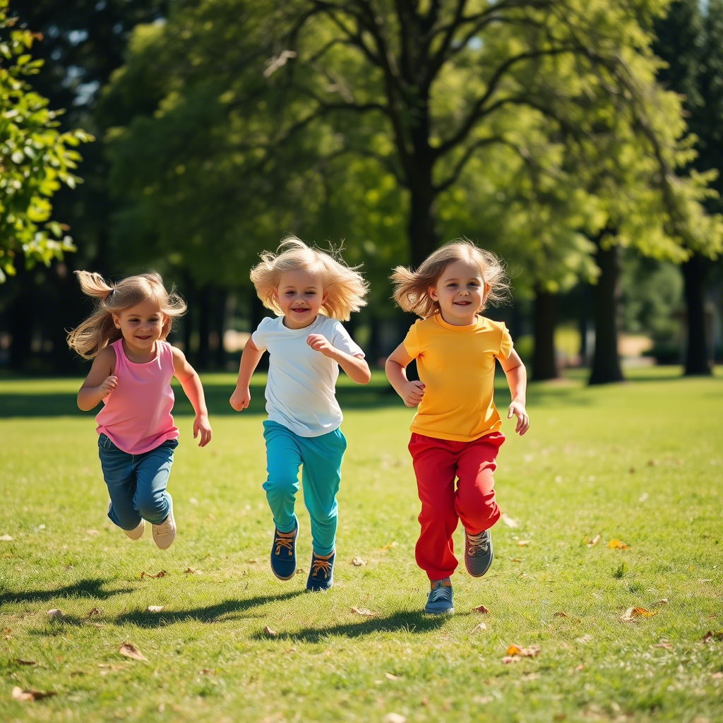 Kids in colorful pants running in a sunny park