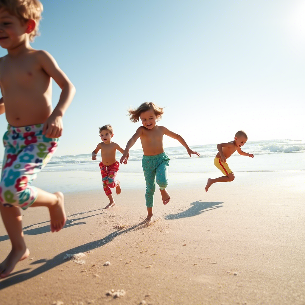 Kids in colorful pants running on a sunny beach