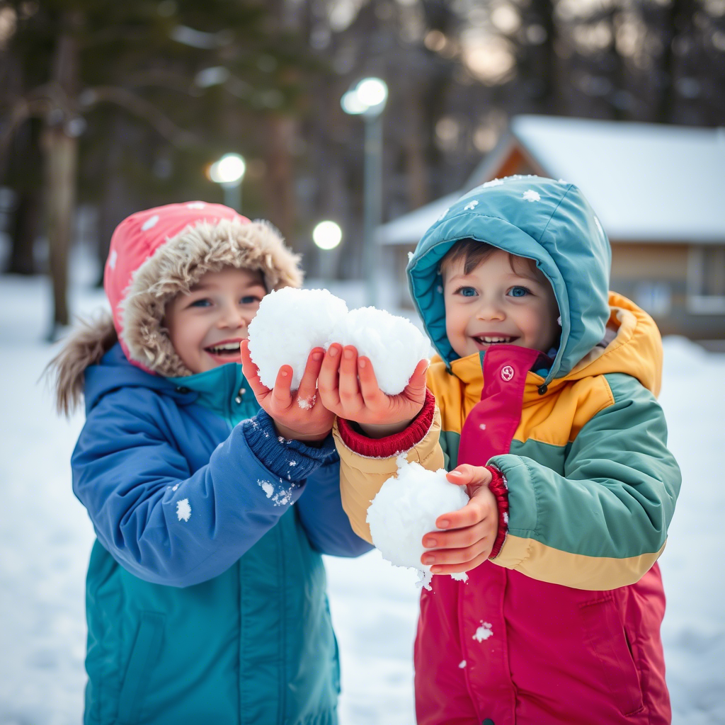 Kids in colorful parkas playing with snowballs outside