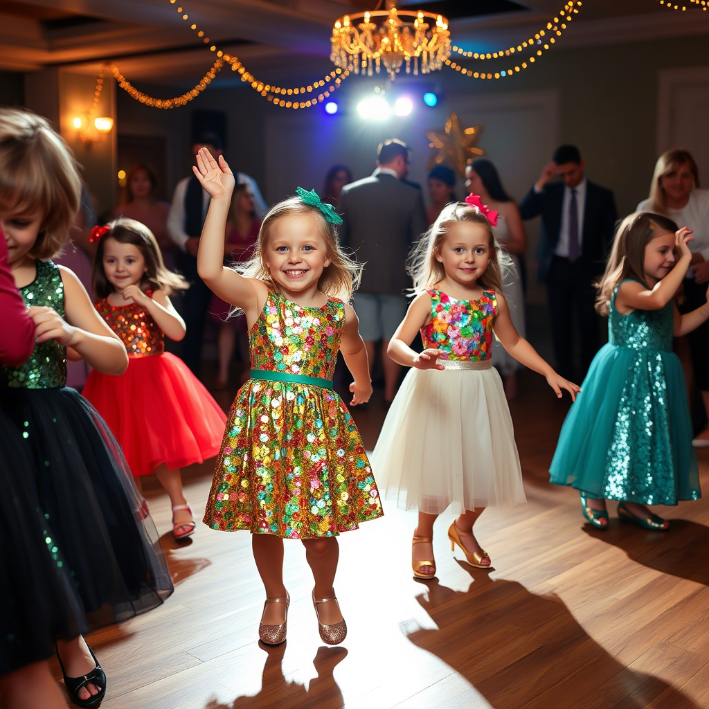 Kids in colorful sequin dresses dancing at a festive celebration