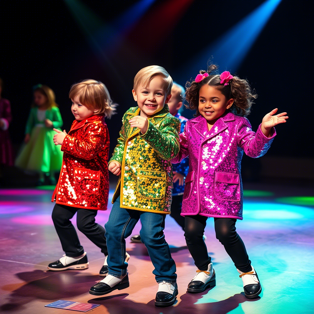 Kids in colorful sequin jackets dancing on a vibrant stage