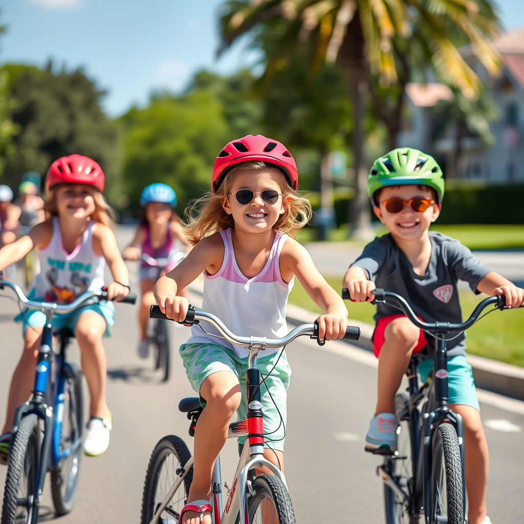 Kids in colorful shorts riding bicycles on a sunny day