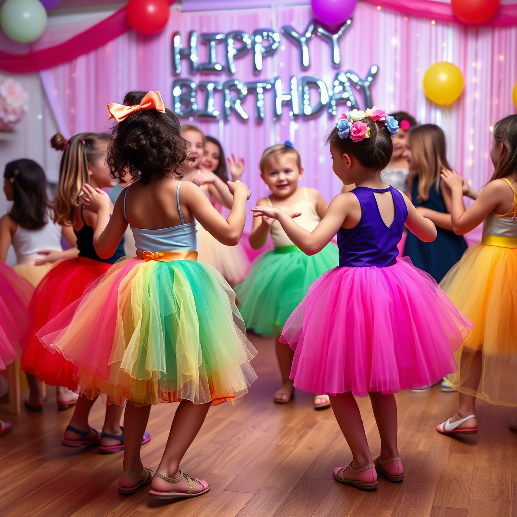 Kids in colorful skirts, dancing together at a birthday party