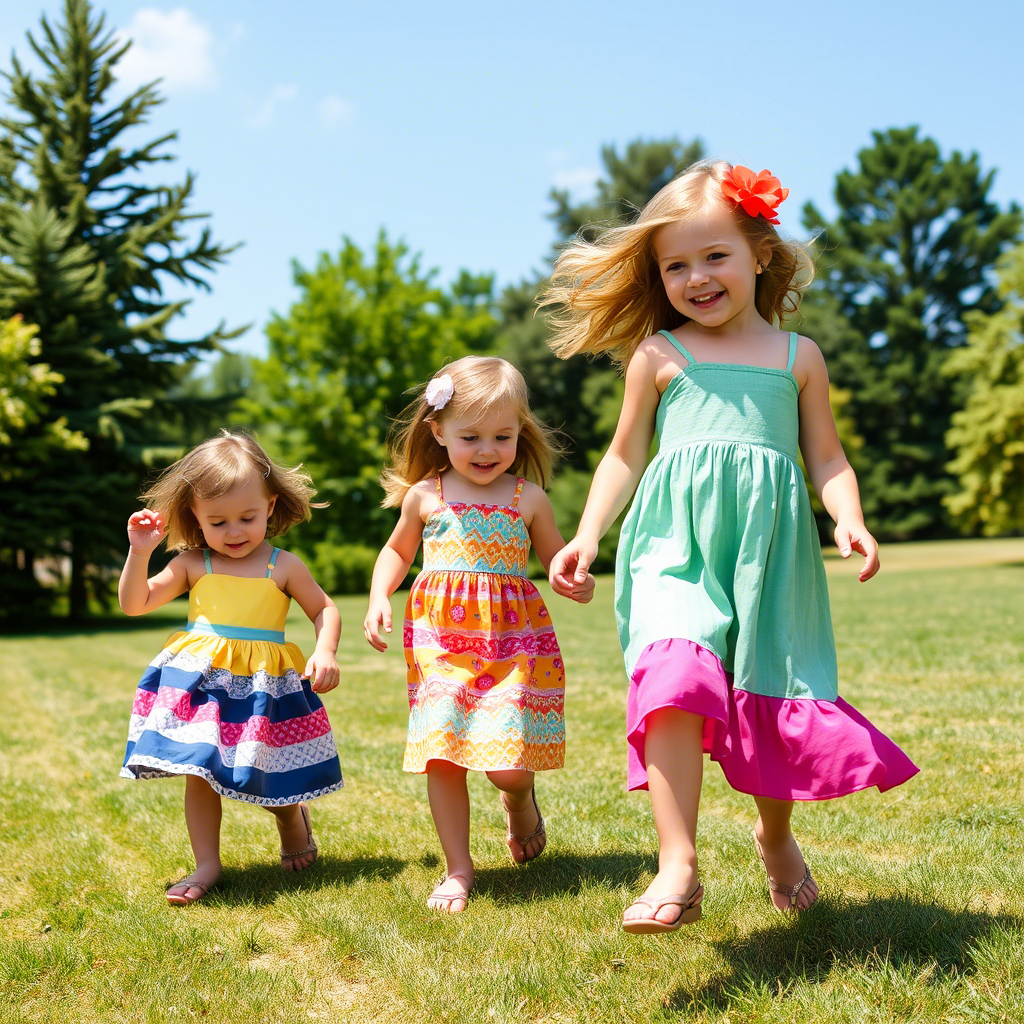 Kids in colorful sundresses, playing on a sunny day