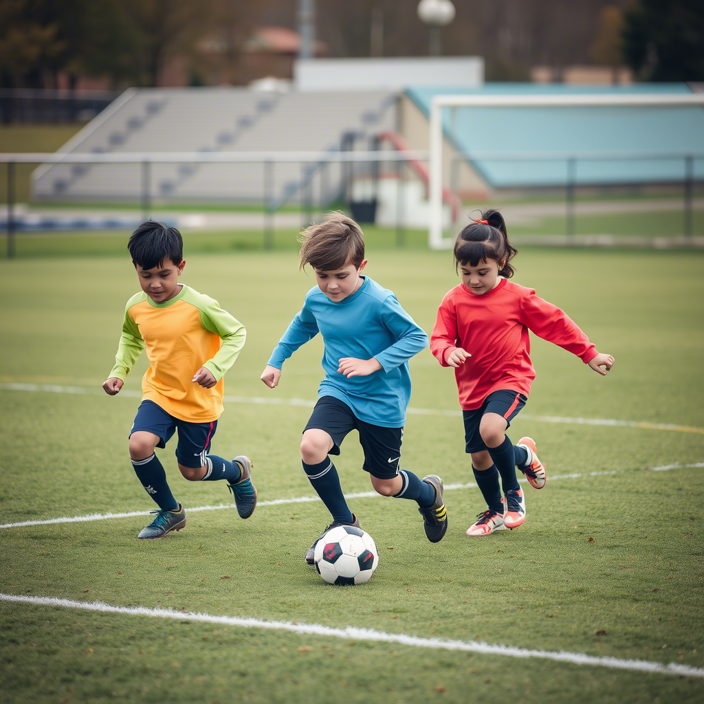 Kids in colorful sweatshirts playing soccer on a field