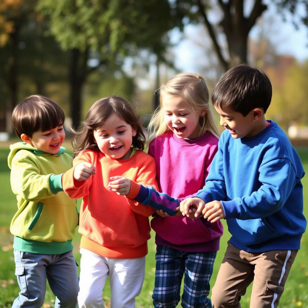 Kids in colorful sweatshirts playing together in a park