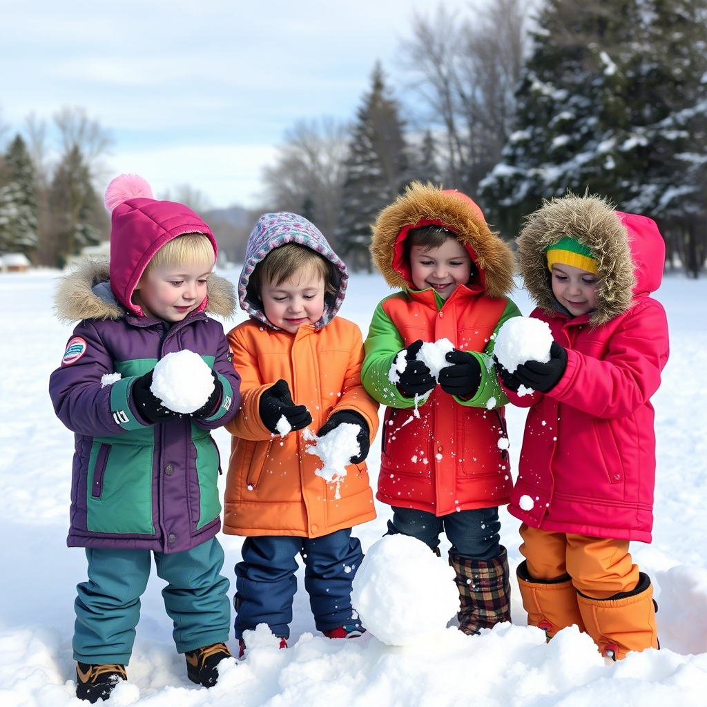 Kids in colorful winter coats playing with snowballs