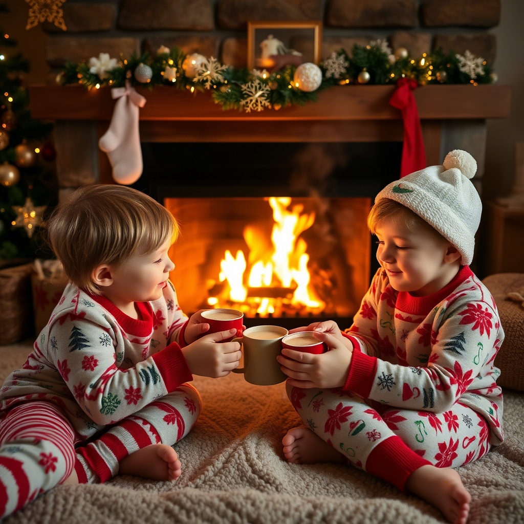 Kids in cozy Christmas PJs, enjoying hot chocolate by the fireplace