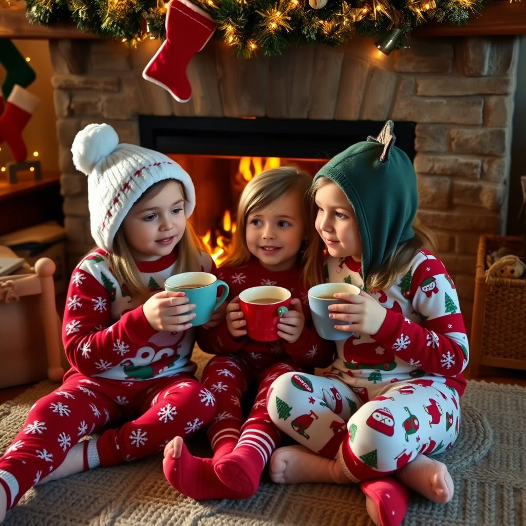 Kids in cozy Christmas-themed PJs, enjoying hot chocolate by the fireplace