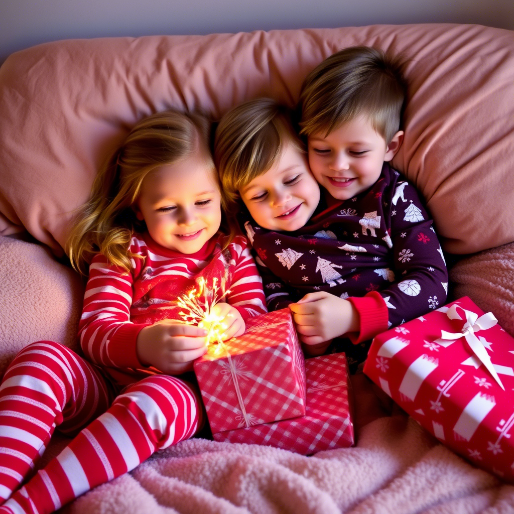 Kids in cozy holiday PJs snuggled up with Christmas gifts