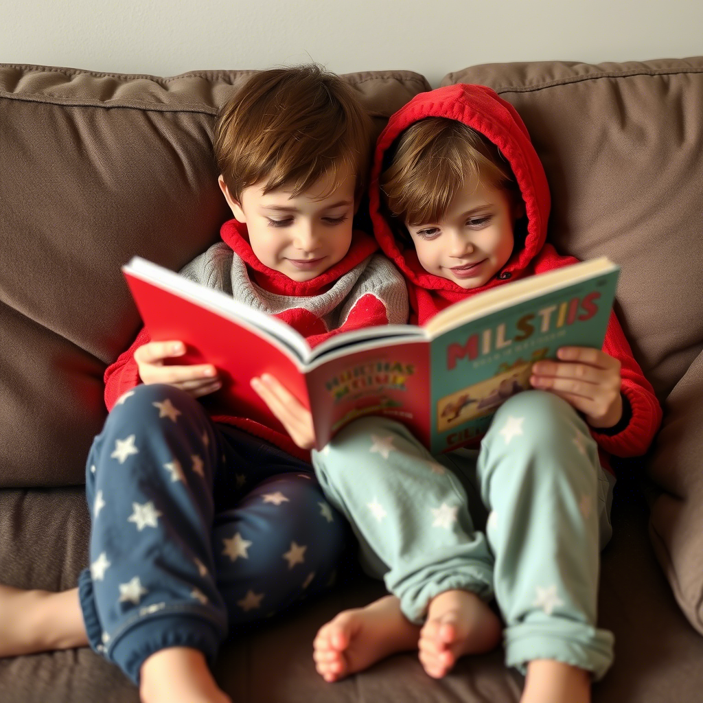 Kids in cozy pants, sitting on a couch reading a book