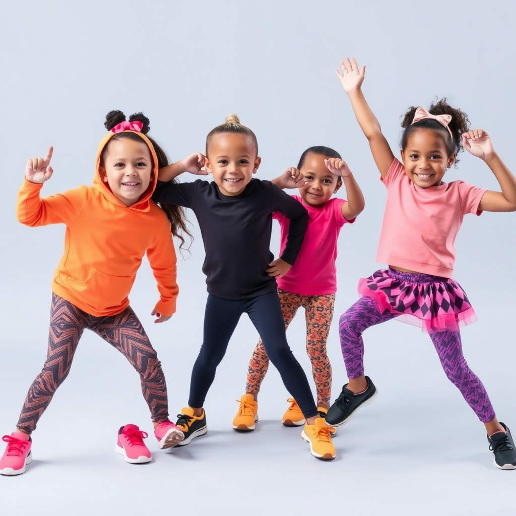 Kids in dynamic poses wearing vibrant activewear outfits