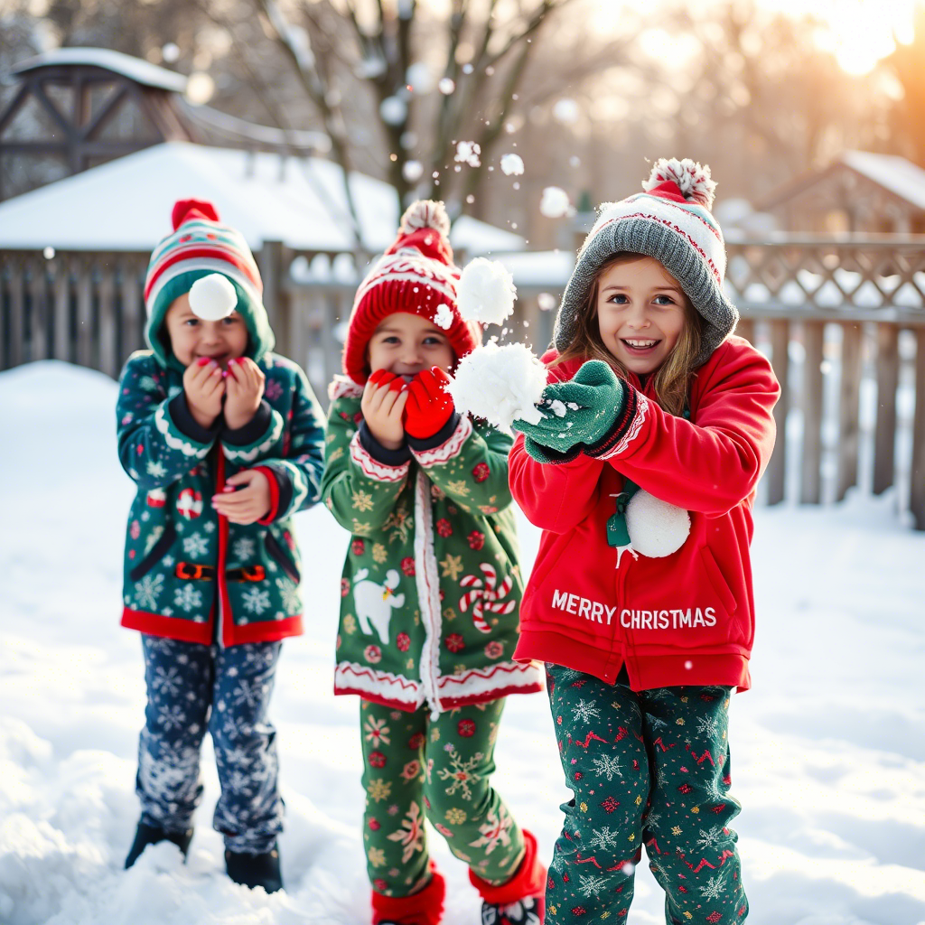 Kids in festive Christmas sleepwear, having a snowball fight outside