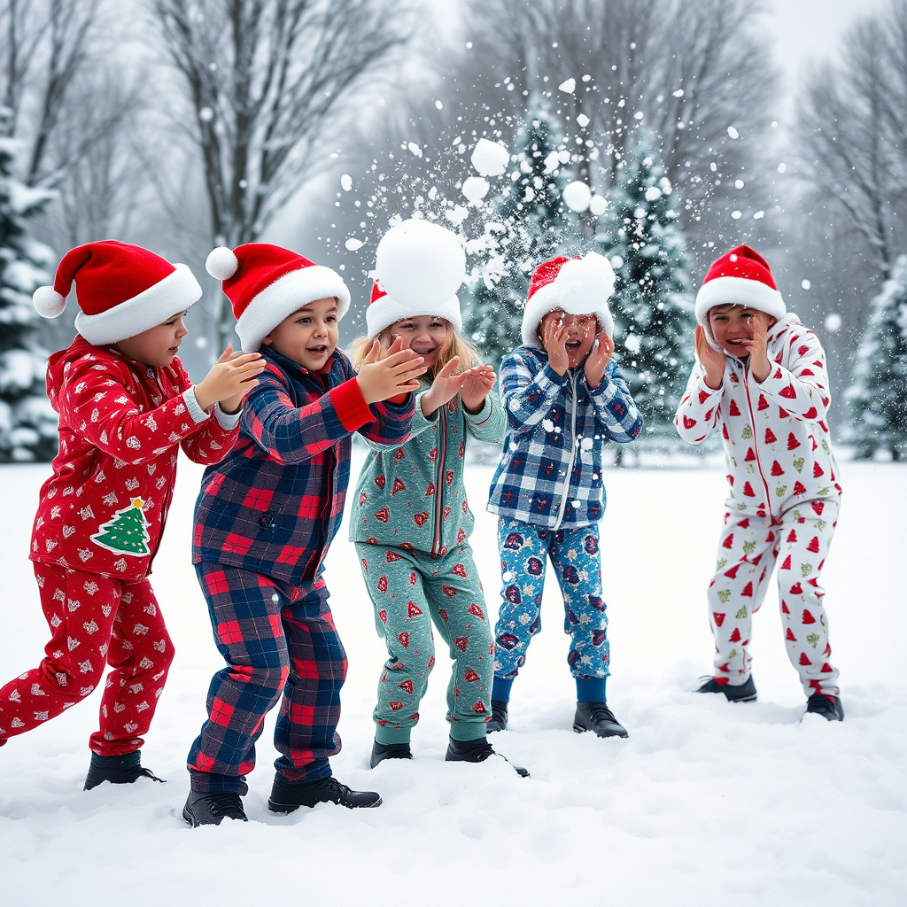 Kids in festive holiday PJs having a snowball fight with Santa hats