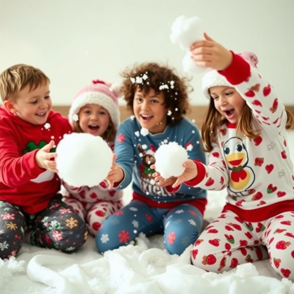Kids in festive holiday sleepwear having a snowball fight