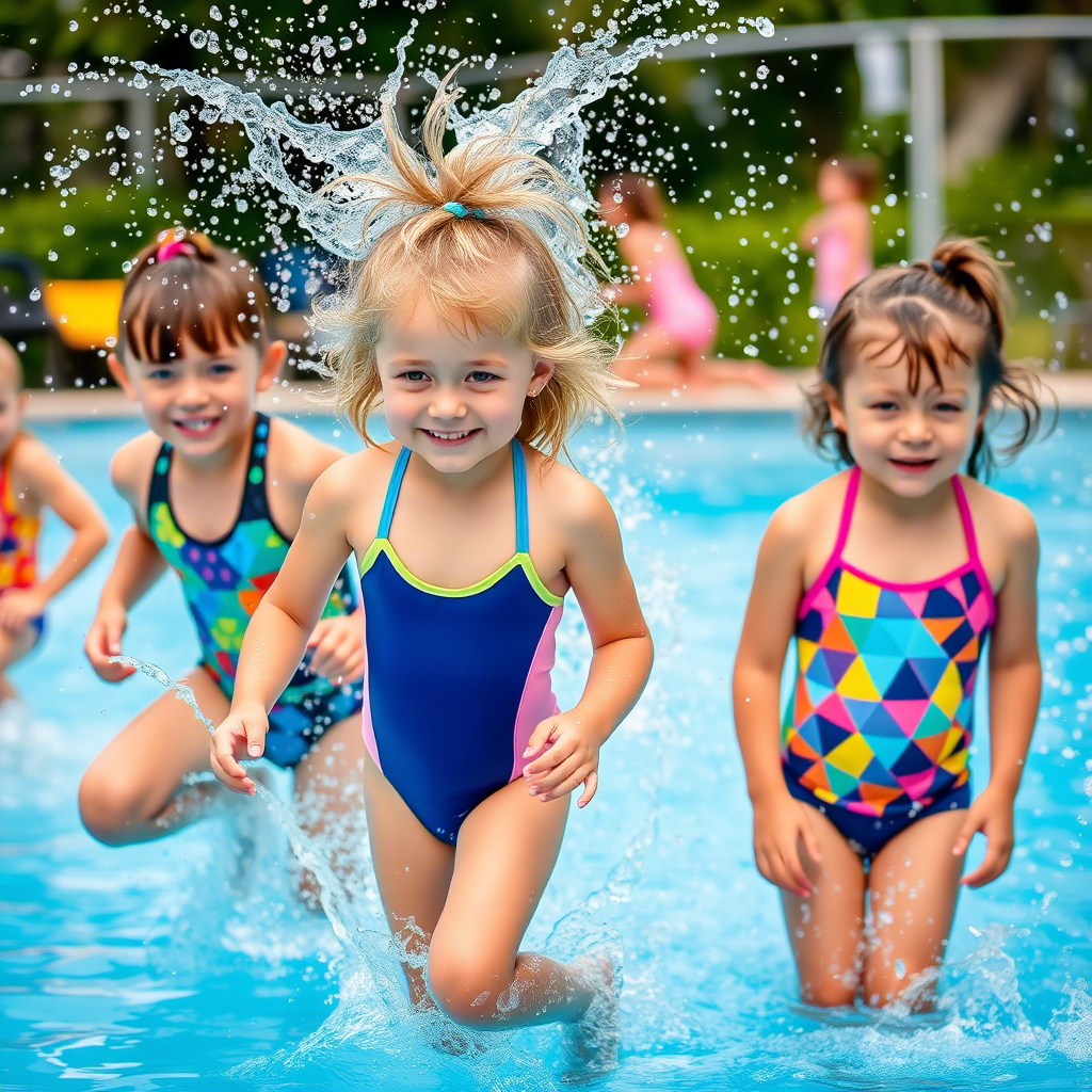 Kids in fun swimsuits splashing in a swimming pool