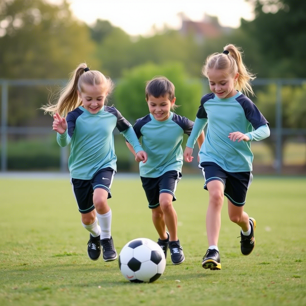 Kids in matching activewear outfits playing soccer together