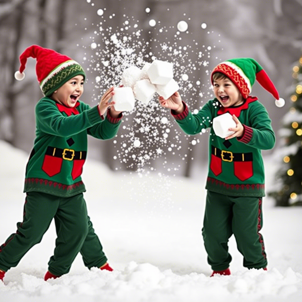 Kids in matching elf-themed Christmas pajamas having a snowball fight