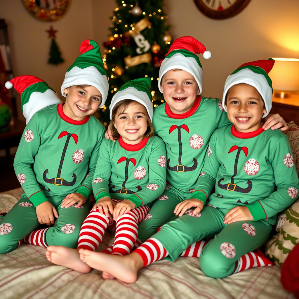 Kids in matching elf-themed Christmas PJs having a fun holiday sleepover