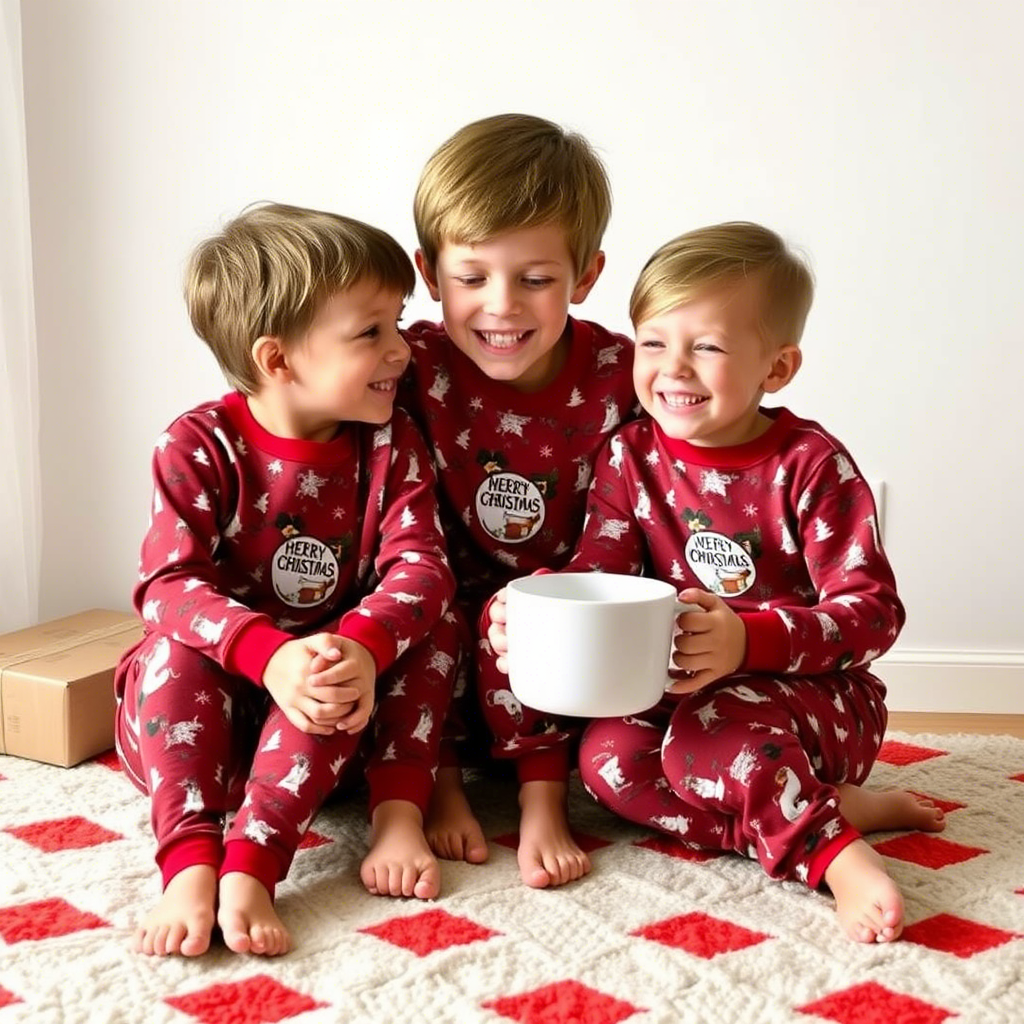 Kids in matching festive PJs enjoying Christmas morning together