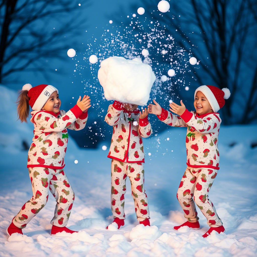 Kids in matching holiday PJs having a snowball fight