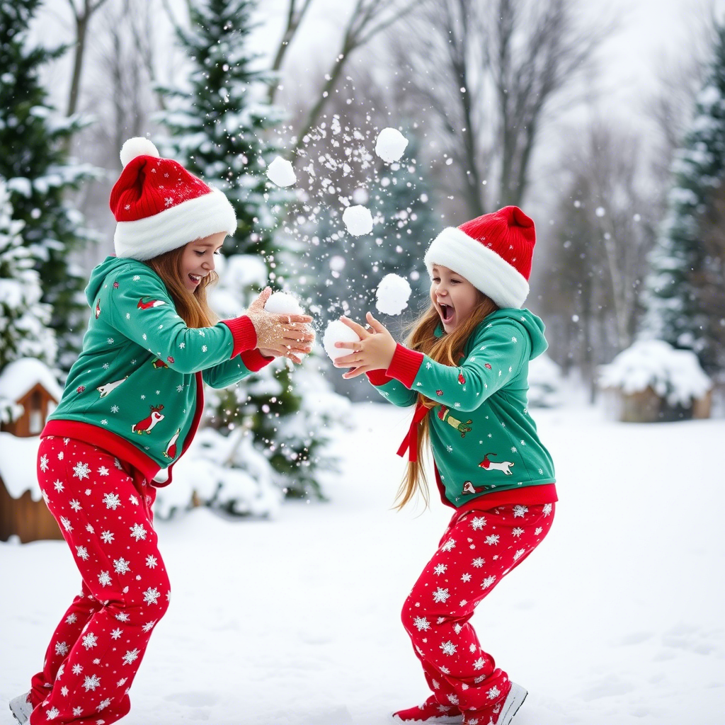 Kids in matching Santa hat Christmas PJs having a snowball fight