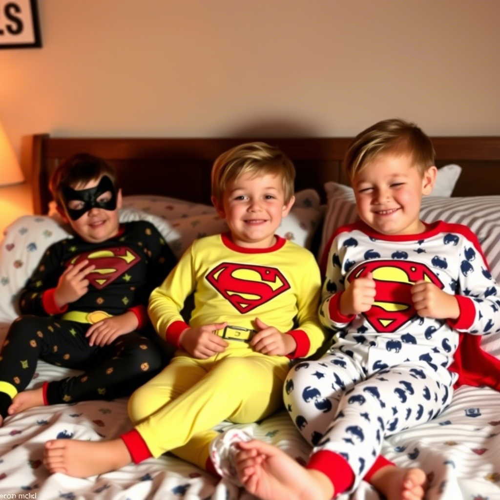 Kids in matching superhero pajama sets having a fun sleepover at home