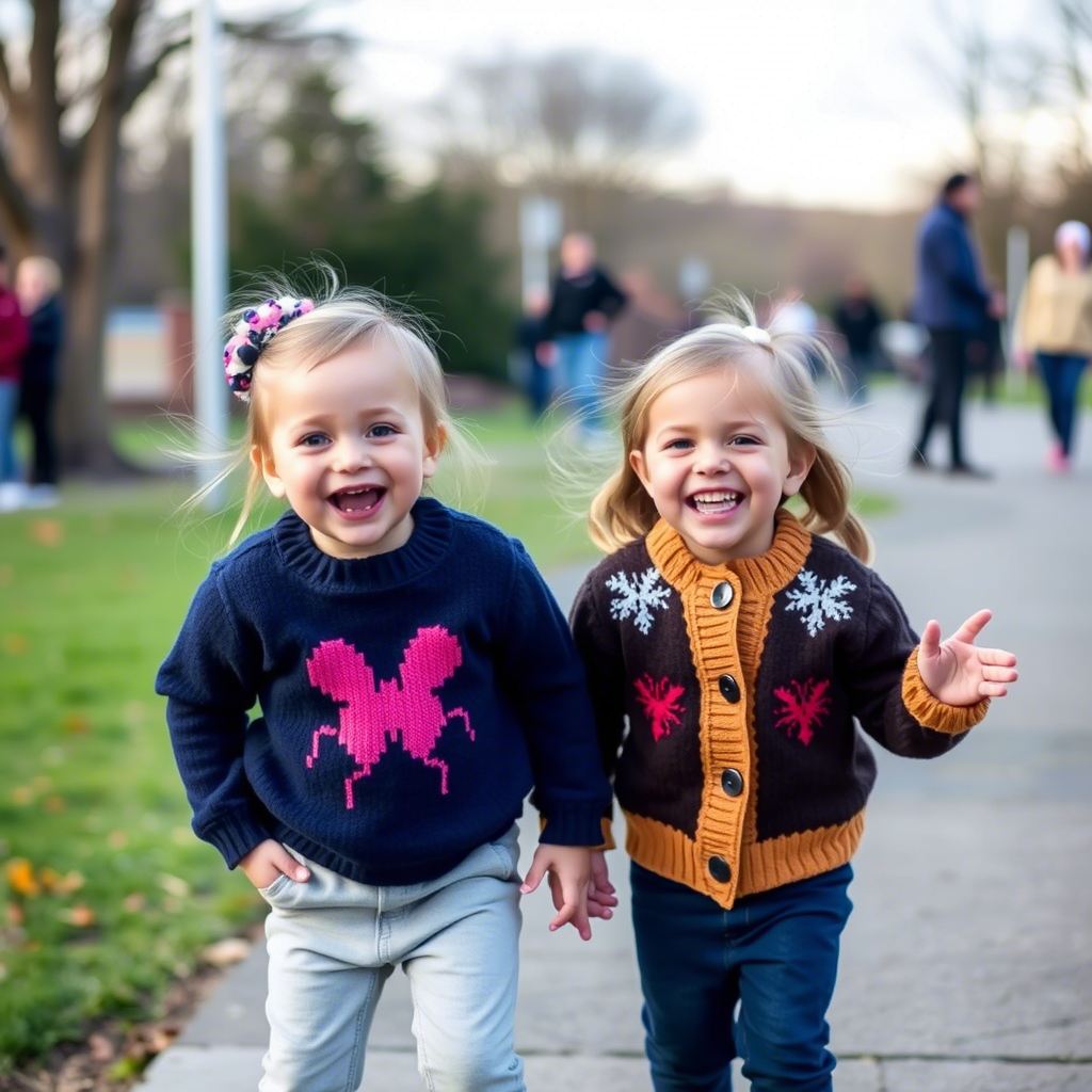 Kids in matching sweaters and cardigans having a fun family outing