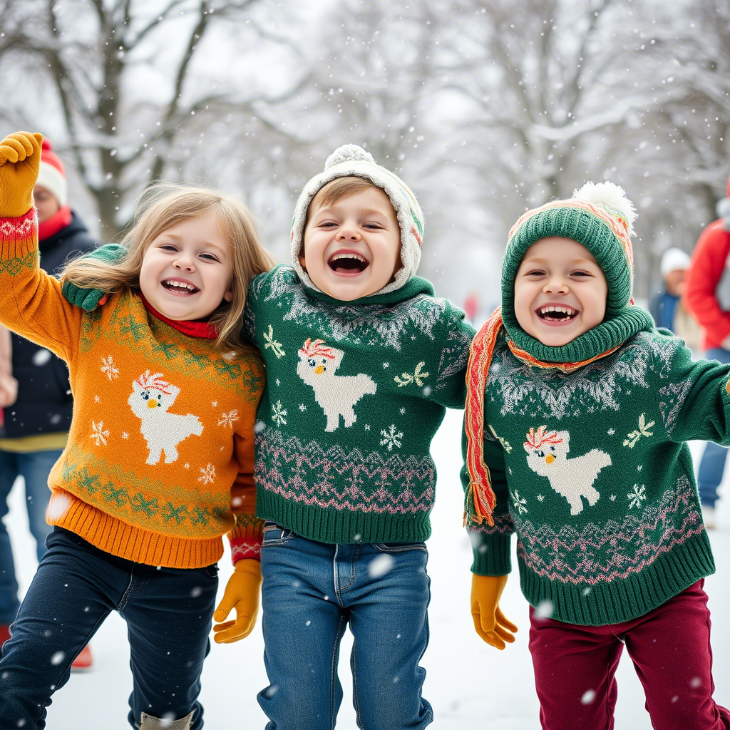 Kids in matching sweaters having fun on a snowy day