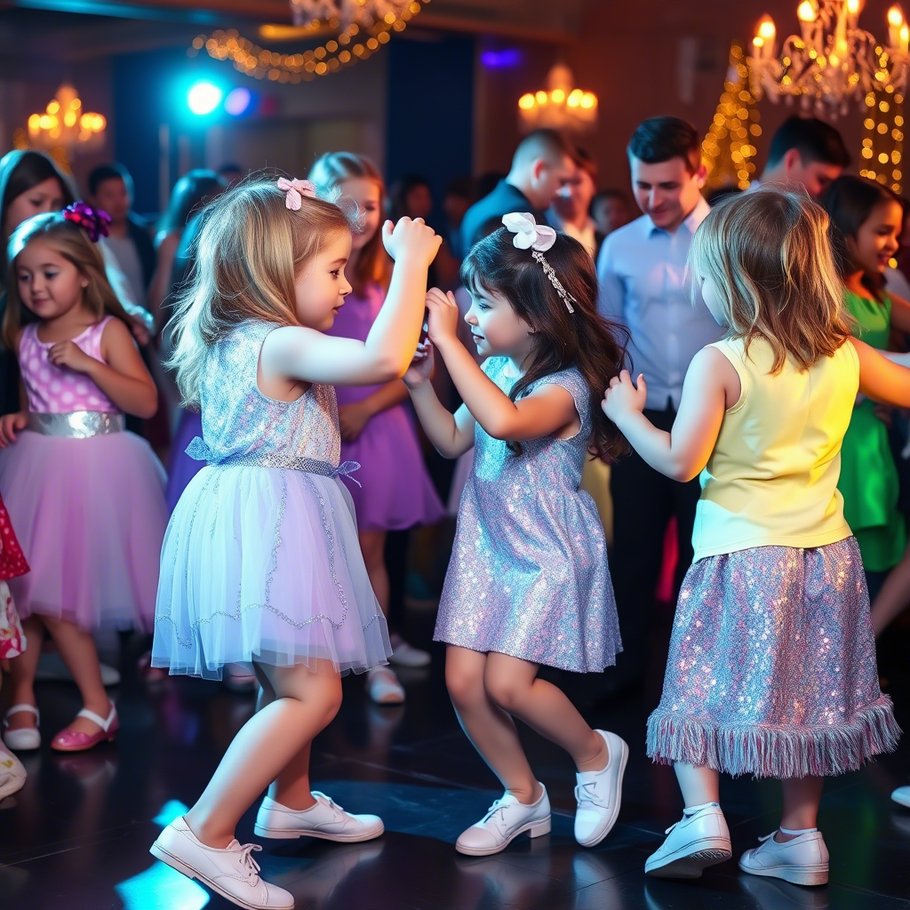 Kids in shimmering outfits dancing together at a festive celebration