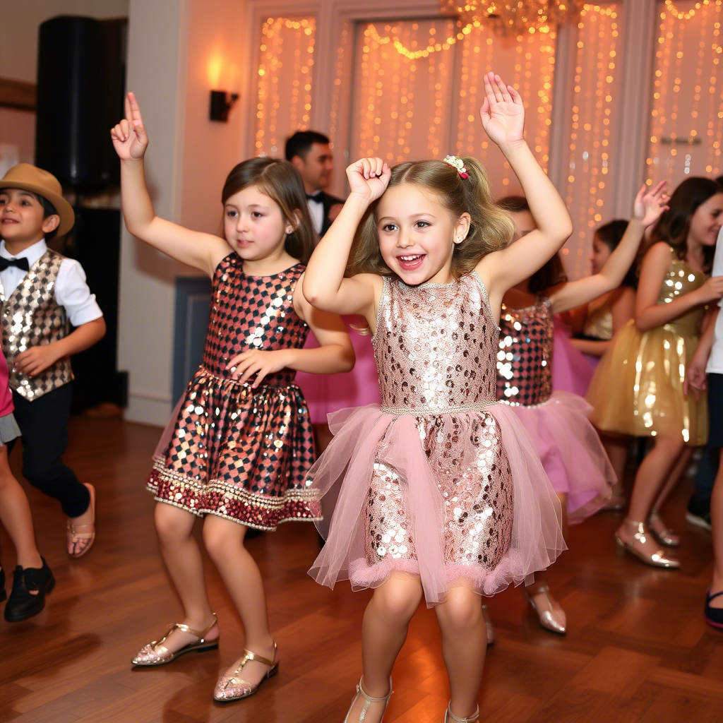 Kids in shimmering sequin outfits dancing at a fun celebration