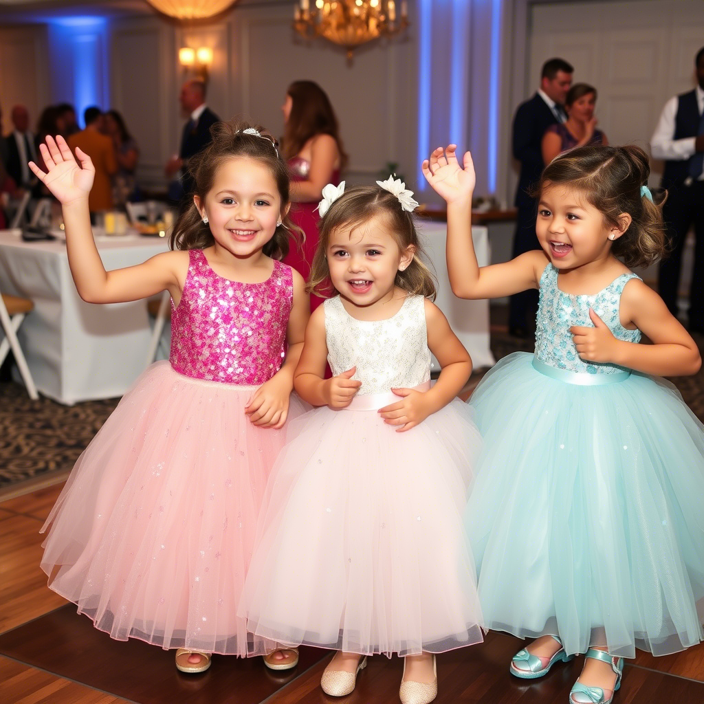 Kids in sparkly dresses having fun at a wedding reception