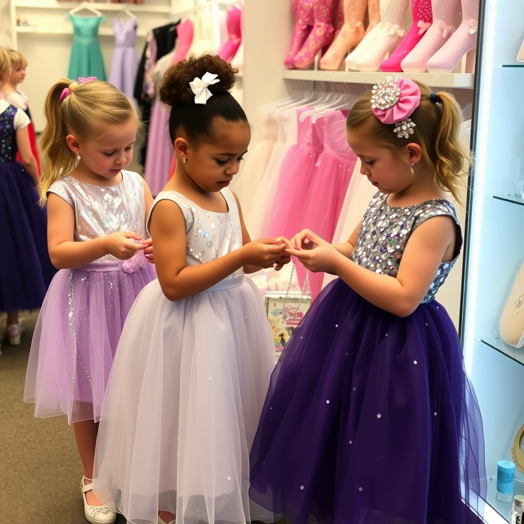 Kids in sparkly dresses, playing with glittery accessories in a store
