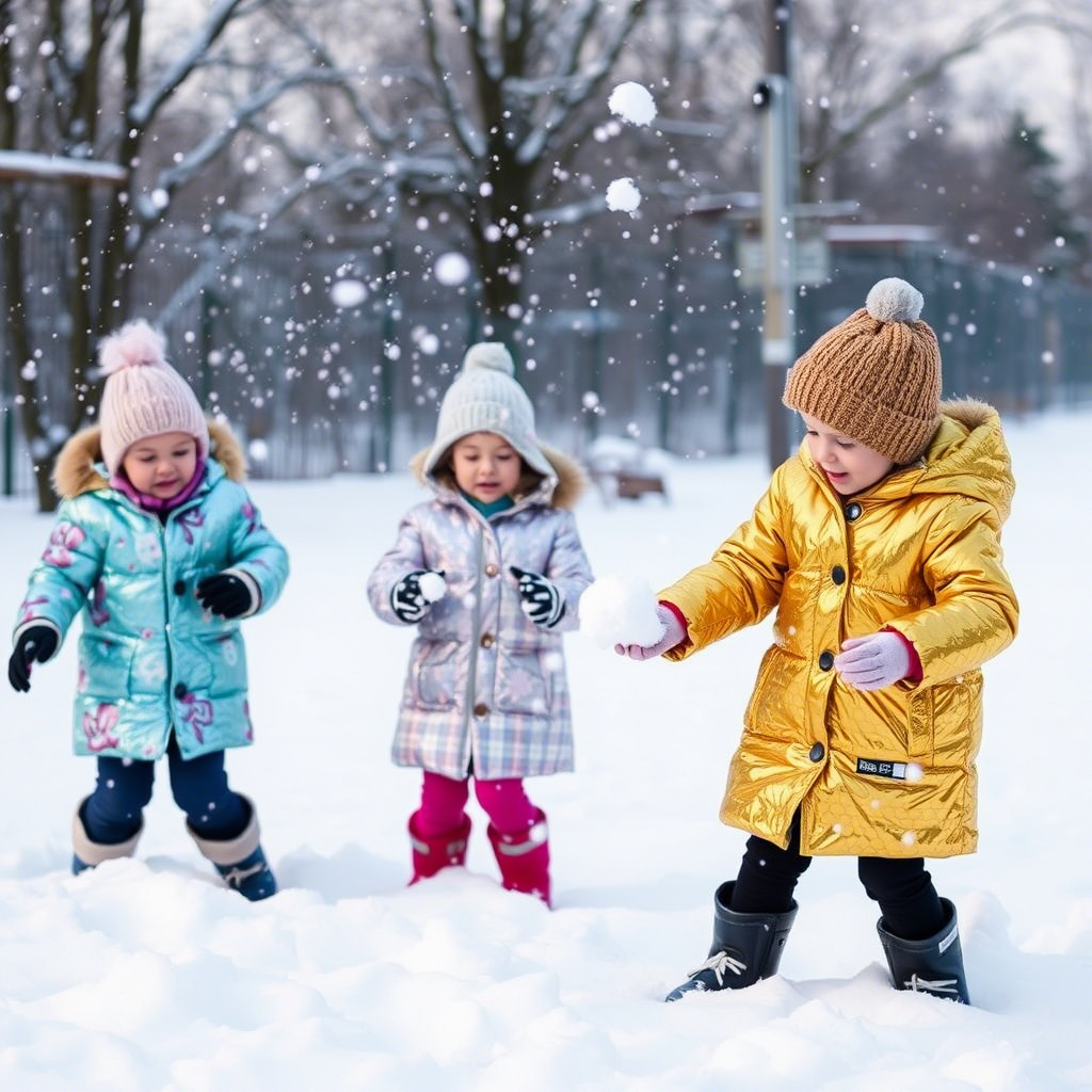 Kids in sparkly sequin coats playing snowballs in winter wonderland