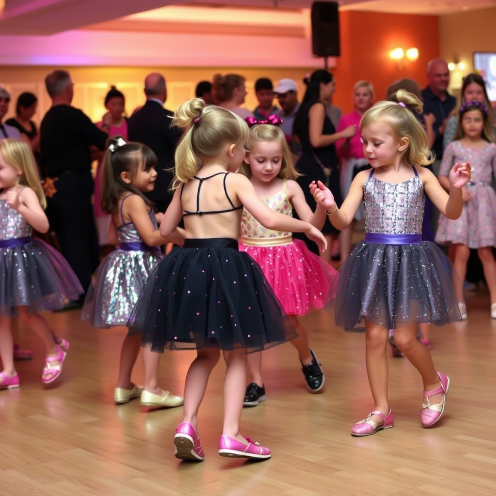 Kids in sparkly skirts dancing together at a fun-filled event