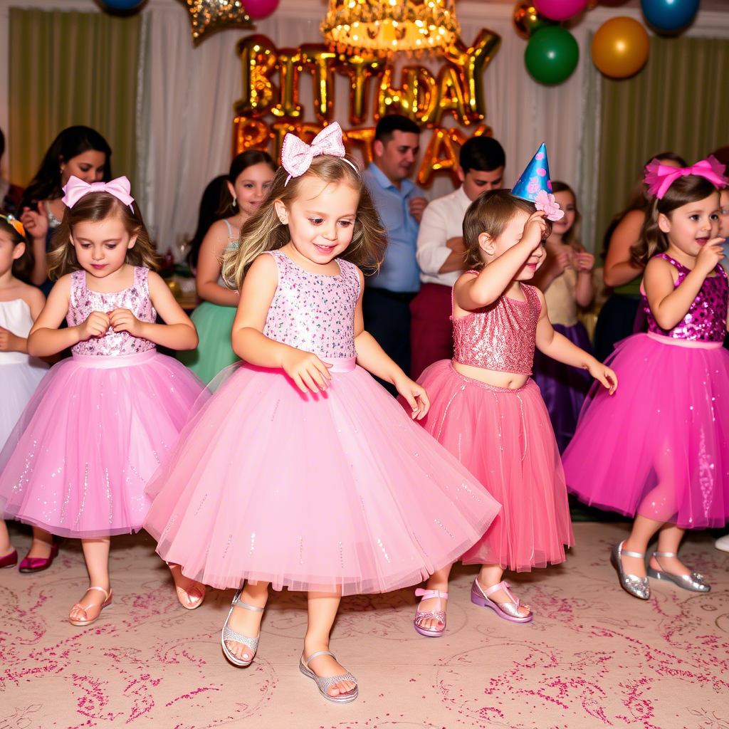 Kids in sparkly skirts twirling at a birthday party