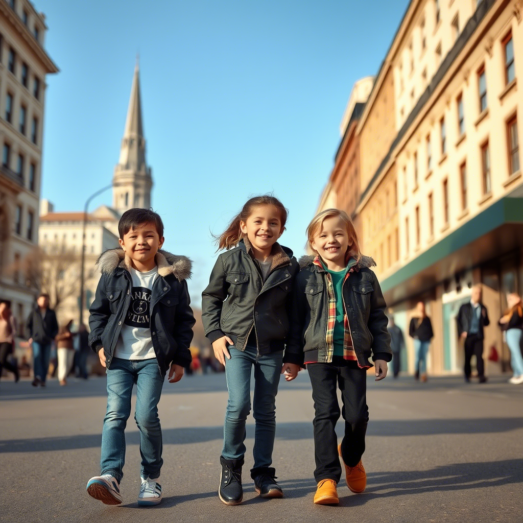 Kids in stylish jeans and jackets, walking down a city street together.