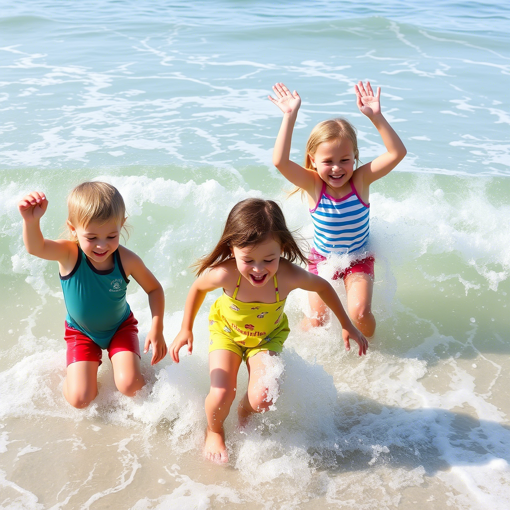 Kids in swimwear having fun splashing in the ocean waves