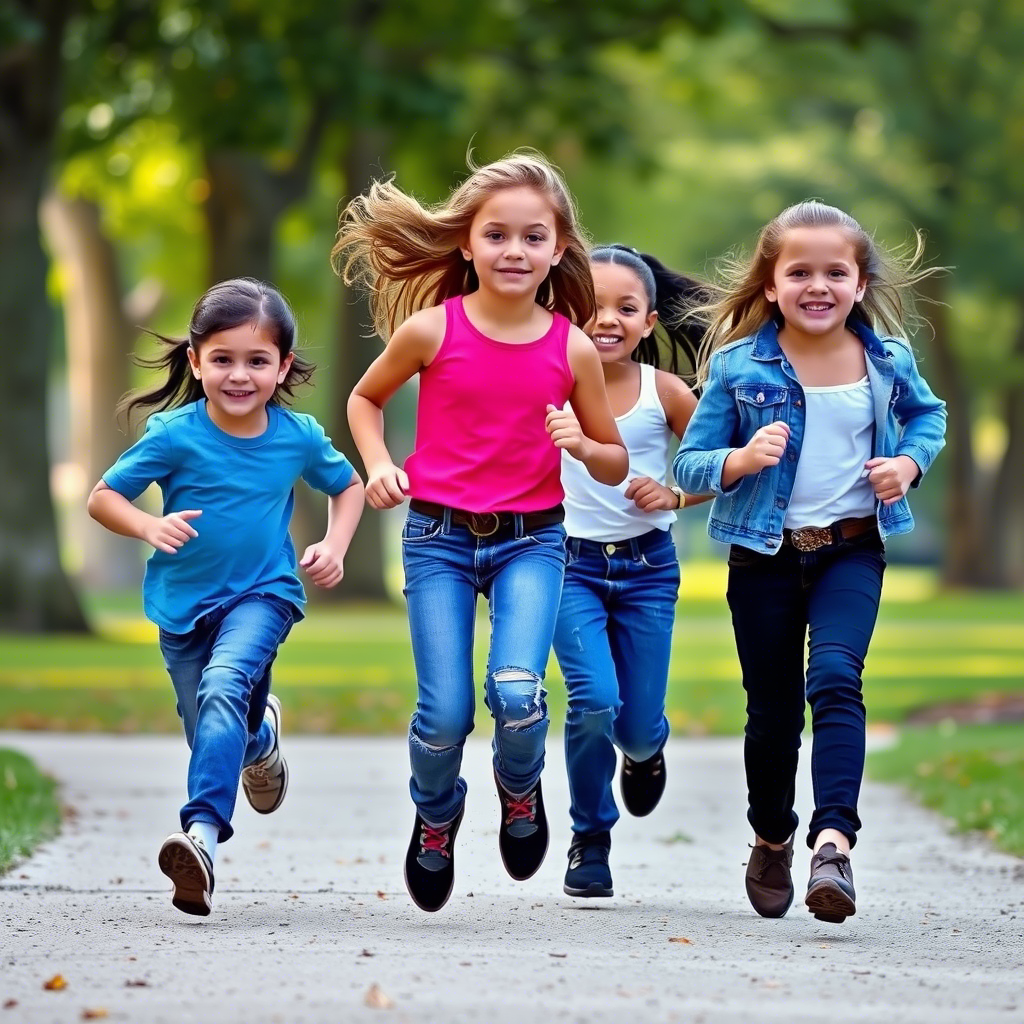 Kids in trendy jeans and tops running in a park