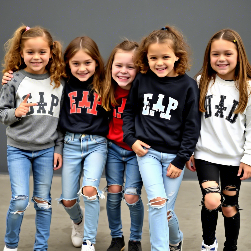 Kids in trendy sweatshirts and distressed denim jeans having fun together