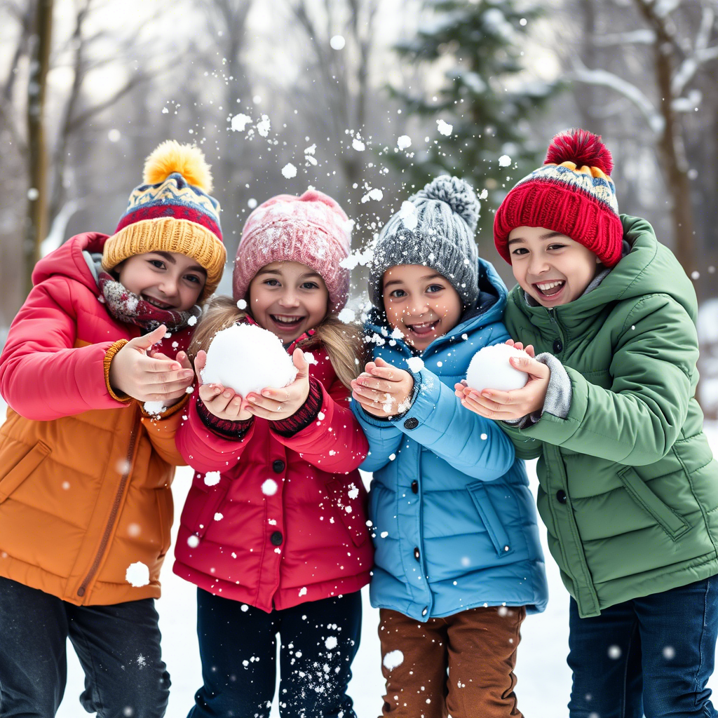 Kids in trendy winter clothing enjoying snowball fight together