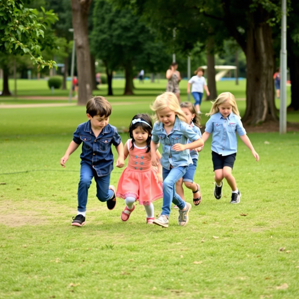 Kids in various denim outfits playing together in a park