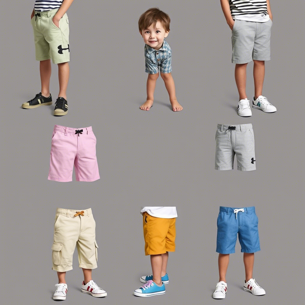 Kids in various shorts and pants models showcasing different colors and designs